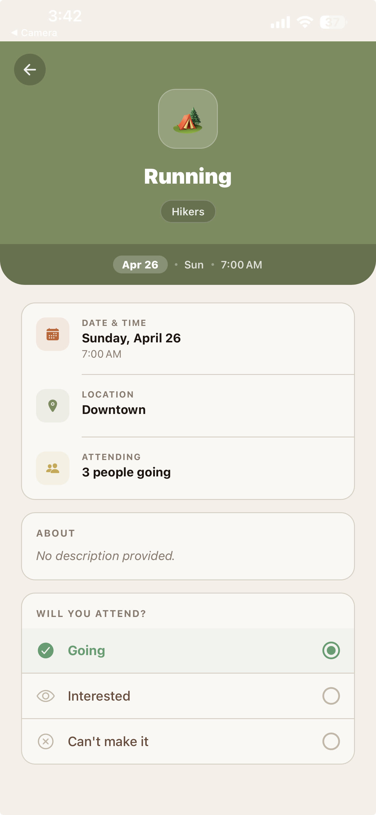 Event detail screen showing a running event